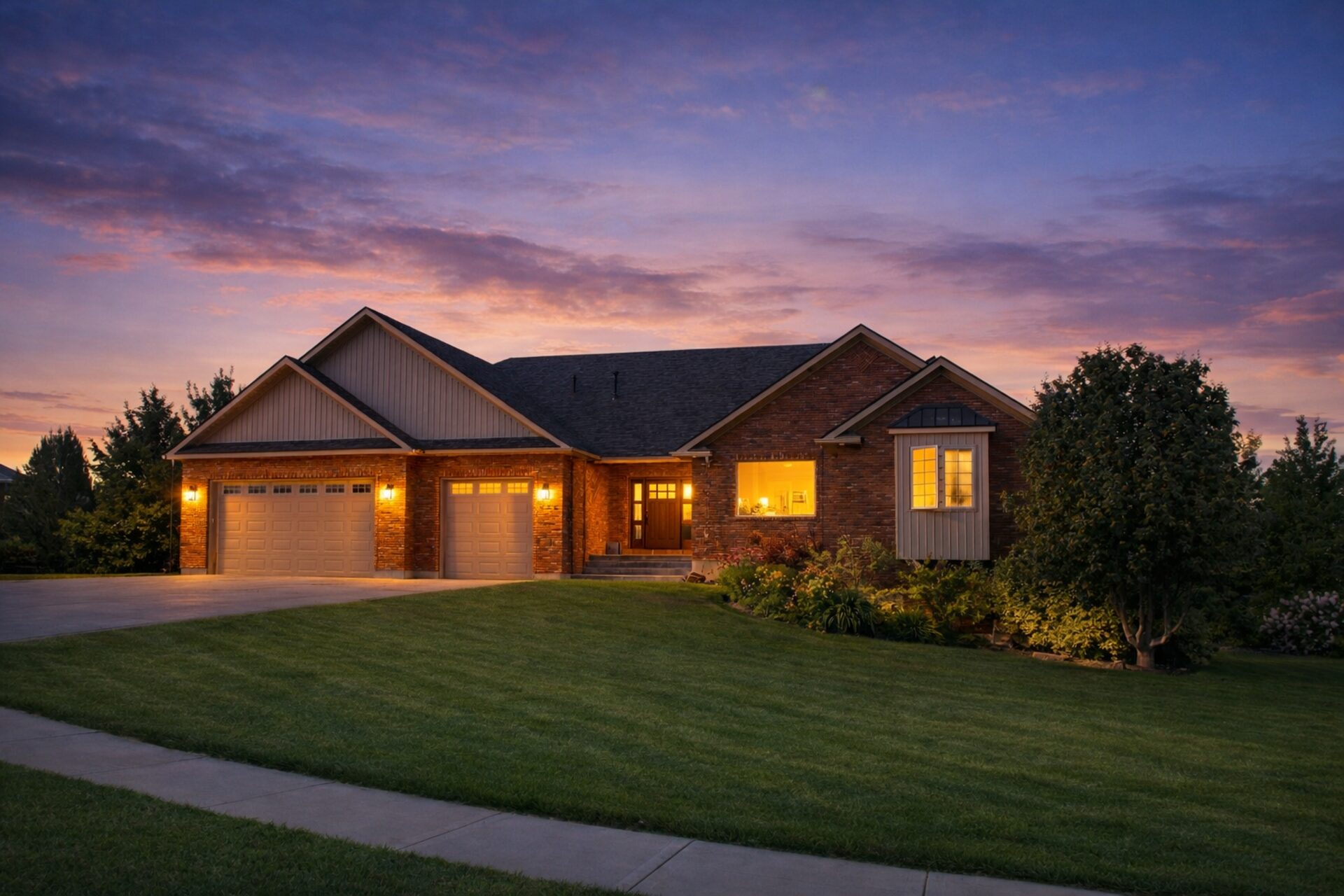626 Autumn Court at twilight — a stunning brick estate in Rexburg, Idaho