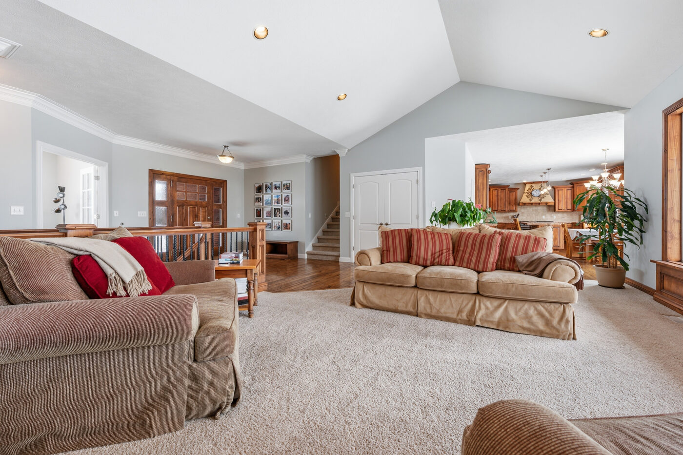 Living room open to kitchen and dining area